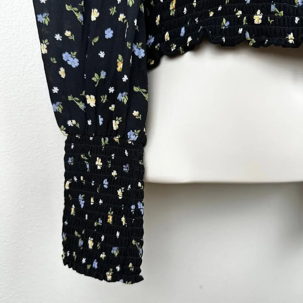 Reformation Blouse Top Pinto Smocked Puff Sleeve Jolene Ditsy Floral Black Small